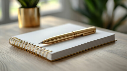 notepad and pen rest on a table in a bright, professional office. Symbolizing organization, creativity, and strategic planning, the gold and silver tones reflect productivity and business success