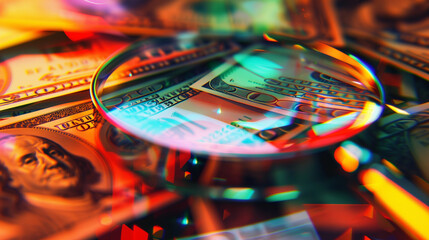 Close-up of magnifying glass examining stack of financial documents, symbolizing bank supervision and regulatory oversight, professional financial audit concept.