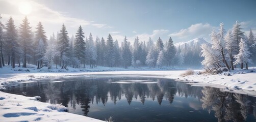 Peaceful winter landscape with a frozen lake and snow-covered trees, frosty atmosphere, snowy trees