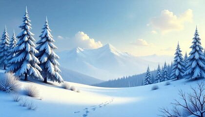 Fototapeta premium Snowy Mountain Landscape with Footprints in the Fresh Snow
