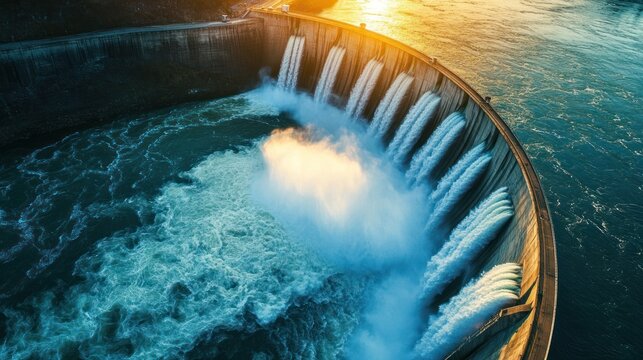 Majestic Dam Sunset: A breathtaking view of a dam releasing water at sunset, creating a dramatic and powerful scene of nature's might and human engineering.