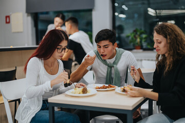 A group of college students sit together eating a meal at the university cafeteria, highlighting friendship and daily student life.