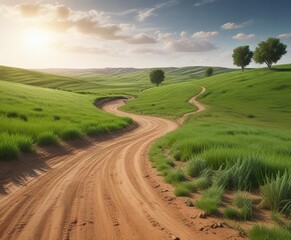 Obraz premium Rolling hills of green wheat fields with a few scattered trees and a meandering dirt road in the background, countryside,