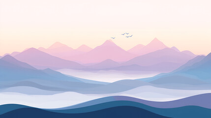 Serene Pastel Mountainscape With Birds Flying High