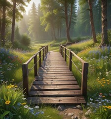 Obraz premium Wooden bridge over a meadow in the forest with wildflowers blooming below, greenery, natural, wildflowers