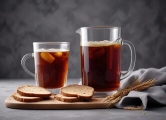 Rustic glass of kvass with rye bread slice, gray backdrop, brown, gray
