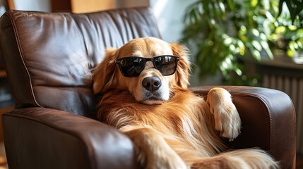Golden retriever wearing sunglasses,lying and relaxing in comfortable brown leather chair in modern office workplace or workspace interior, lack of motivation, bored on the job, procrastinating worker