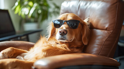 Golden retriever wearing sunglasses,lying and relaxing in comfortable brown leather chair in modern office workplace or workspace interior, lack of motivation, bored on the job, procrastinating worker