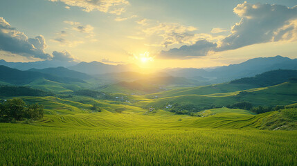 Obraz premium Panoramic view of lush rice terrace fields in North Vietnam bathed in golden sunlight. Symbolizing harmony, growth, and resilience, the terraces reflect human connection with nature and perseverance