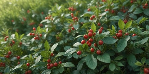 Wide-angle view of a green bush with many small wolfberries scattered on its leaves and stems, wolfberry, foliage, branches