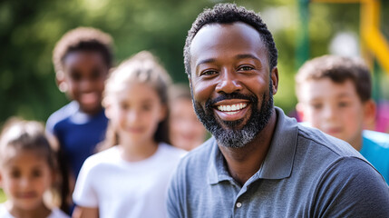 Portrait of happy smiling middle-aged black african american pe physical education teacher or professor, copy space. children sport coach in school, physical activity and health, kids activity.