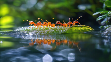 Obraz premium ants on leaves over the river