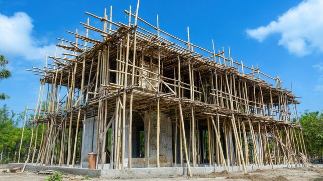Bamboo Scaffolding for Construction Project in Clear Sky