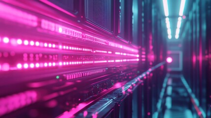 Fototapeta premium Neon Glow in a Modern Data Center: Servers and LED Lights Illuminate Digital Infrastructure