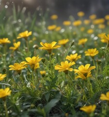 Obraz premium Soft petals of yellow wildflowers gently unfolding in the morning dew, wildflowers, landscape, dew