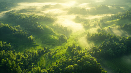 Fototapeta premium Panoramic view of lush rice terrace fields in North Vietnam bathed in golden sunlight. Symbolizing harmony, growth, and resilience, the terraces reflect human connection with nature and perseverance