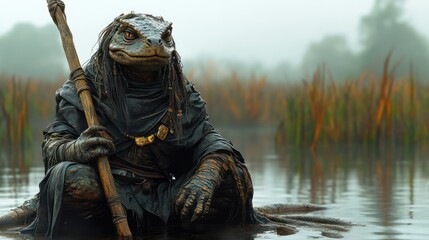 Reptilian humanoid shaman sits in swamp water holding a staff, misty background.