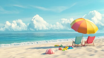 Serene Beach Scene with Umbrella and Colorful Toys by the Shore