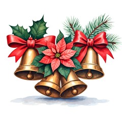 A digital illustration of three golden Christmas bells decorated with red bows, holly and a poinsettia, on a white background.