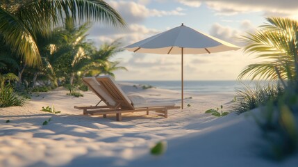 Obraz premium Serene Tropical Beach with Lounge Chair and Umbrella at Sunset