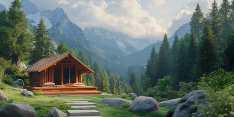 Fototapeta premium view of the mountains, Serene Yoga Retreat in the Majestic Mountains Featuring Cozy Wooden Cabins, Tranquil Meditation Sessions, and Breathtaking Scenic Views of Nature