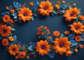Obraz premium Vibrant blue floral border with three large orange flowers , garden, blue