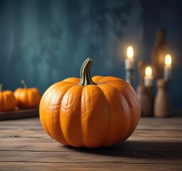 warm golden light illuminating an orange pumpkin placed on a wooden table with a rustic blue background, blue background, orange