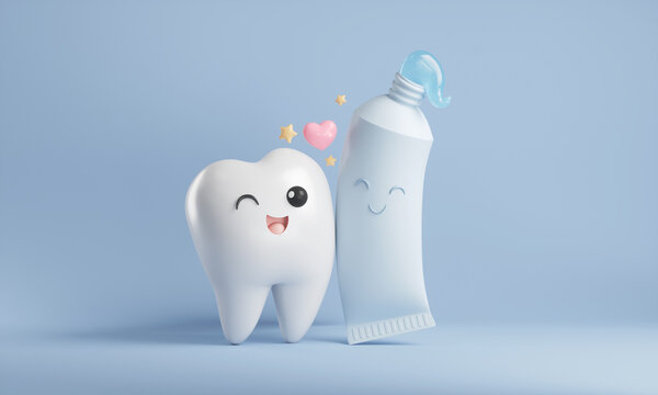 White cartoon Tooth with toothpaste characters, Oral health and dental teeth 3d rendering.