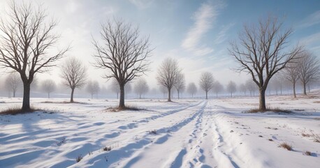 Winter landscape on a snowy field with bare trees, white snowflakes, autumnal scene