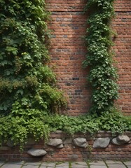 Fototapeta premium Muted red brick wall with overgrown ivy vines and moss-covered stones, brick wall, texture