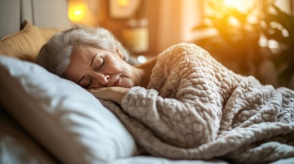 Elderly woman sleeping peacefully in bed with cozy blanket and soft morning light.