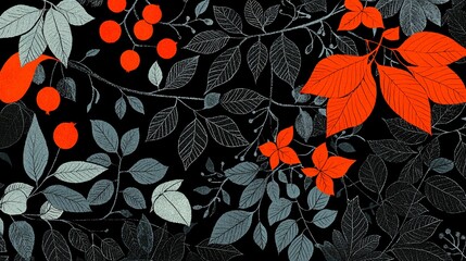 Elegant grayscale and orange leaf and berry pattern.