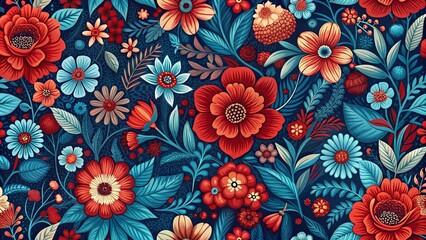 Vibrant Red and Teal Floral Pattern, Ideal for Textile Prints and Decorative Designs