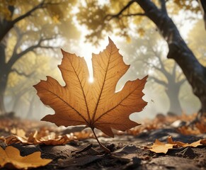 Fototapeta premium A fallen oak leaf floats gently through the air, suspended in mid-air by a delicate breeze , forest atmosphere, tree shedding