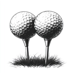 Two golf balls on tees in grass, monochrome illustration.