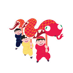 Three children in traditional Chinese attire joyfully playing with a red snake dance costume.
