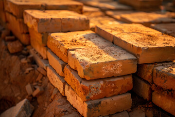 Close-Up of Neatly Stacked Red Clay Bricks at Construction Site with Sunlight Enhancing Earthy Tones and Textures