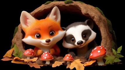 Fototapeta premium A cute fox and raccoon peeking out from a burrow surrounded by mushrooms and autumn leaves.