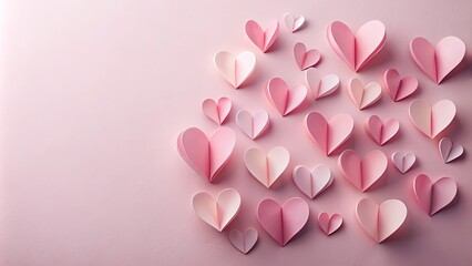 Pink paper hearts arranged on a pale pink background, a romantic design concept for Valentine's Day