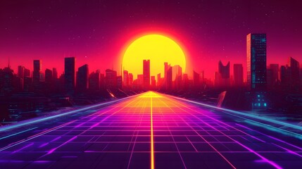 Retro Futuristic Cityscape Sunset Road