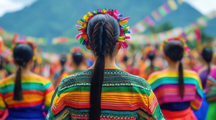 Obraz premium Group of Friends in Traditional Clothing Celebrate with Colorful Accessories in a Vibrant Outdoor Festival Setting