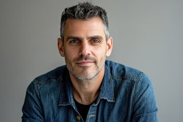 Fototapeta premium Confident Man in Denim Jacket Posing Against Neutral Background
