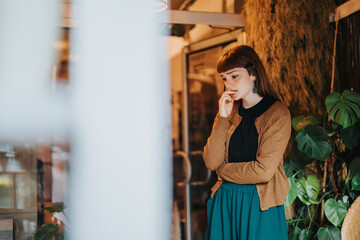 A thoughtful woman appears deep in contemplation while standing alone in a cozy coffee bar, surrounded by lush greenery. The setting conveys a feeling of introspection and solitude.