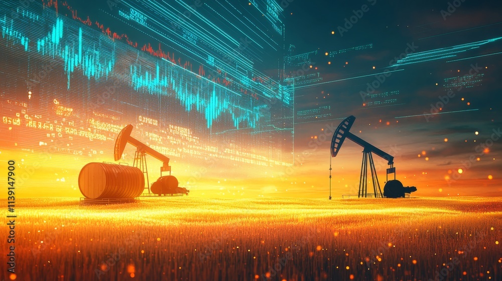 Wall mural A digital landscape showcasing oil fields with pumps against a vibrant sunset, symbolizing energy production and technology integration.