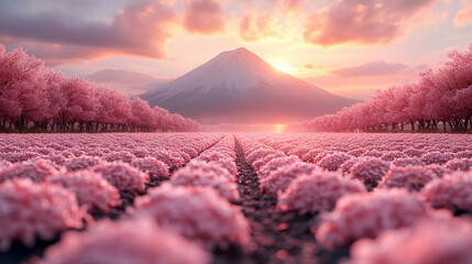 Naklejka premium Majestic Mount Fuji rises above a tranquil lake, framed by vibrant cherry blossoms and lush trees. The serene setting symbolizes harmony, renewal, and the enduring beauty of nature