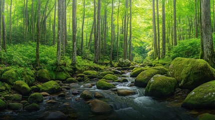 Fototapeta premium Lush green forest stream flowing over mossy rocks.