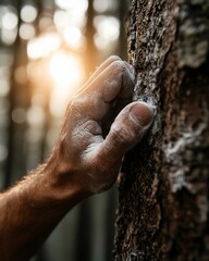 Hand gripping a tree trunk in a forest setting.