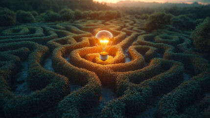 glowing lightbulb at the center of a lush green maze symbolizes finding an idea or solution amidst complexity. The warm light and blurred background evoke hope, clarity, innovation, and success
