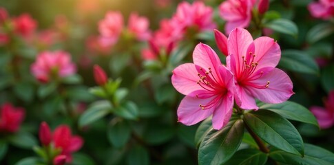 Pink azalea blooms in a garden among green leaves, bloom, azalea, garden
