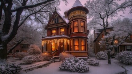 Fototapeta premium Snowy Victorian House Adorned with Christmas Lights